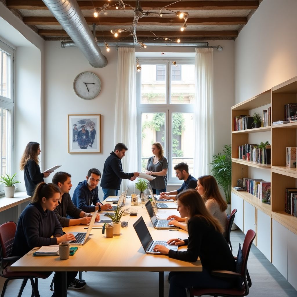 Estudio de diseño con estudiantes trabajando