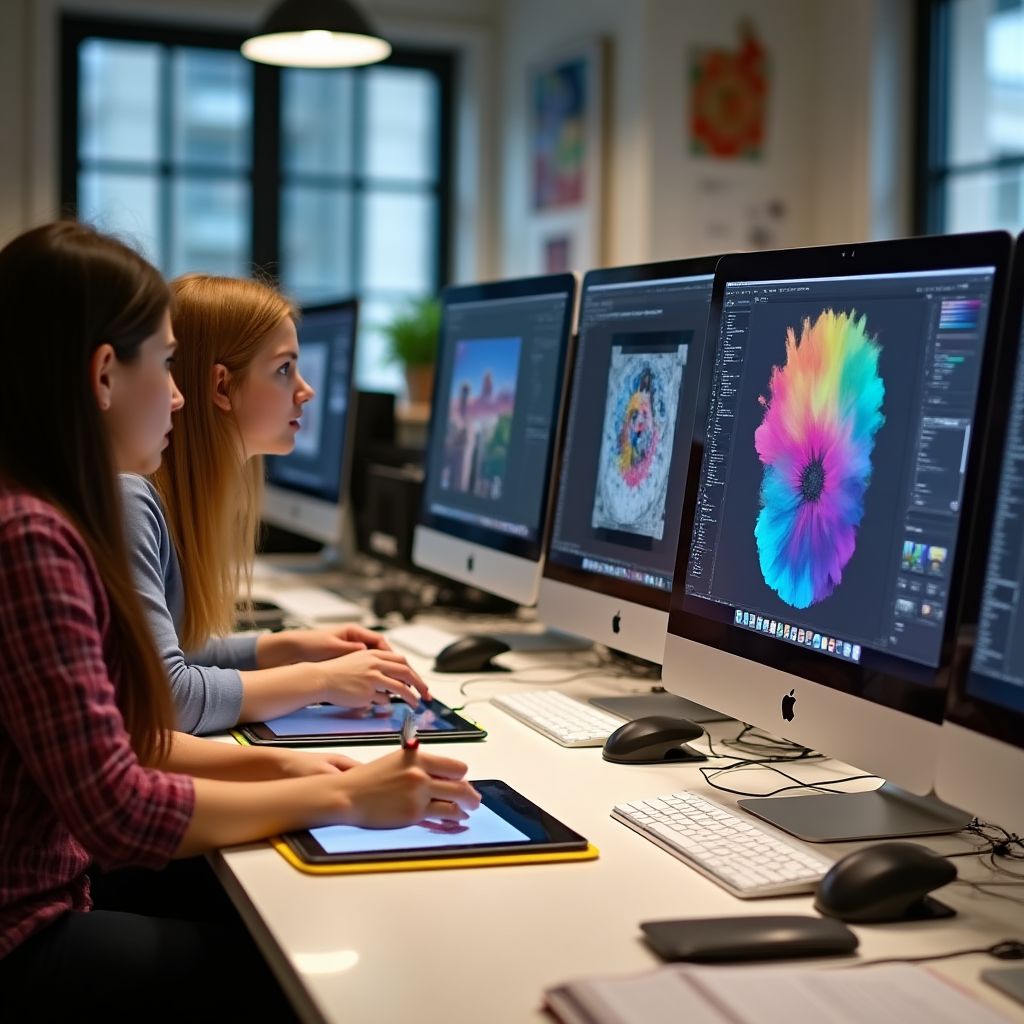 Estudiantes trabajando en proyectos de diseño gráfico